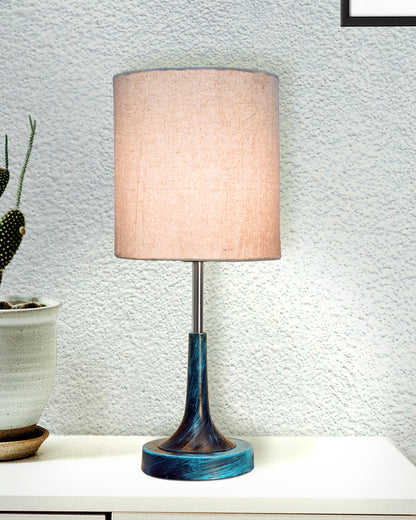 Rustic Farmhouse Metal Table Lamp Fabric Shade for Bedroom Living Room House Home Bedside Nightstand Office Family, Antique Blue Trumpet Bell, Jute Cone