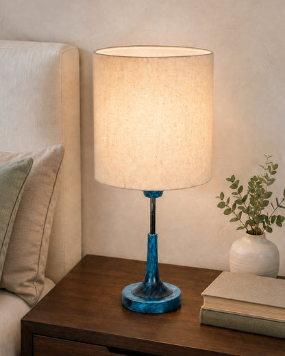 Rustic Farmhouse Metal Table Lamp Fabric Shade for Bedroom Living Room House Home Bedside Nightstand Office Family, Antique Blue Trumpet Bell, Jute Cone