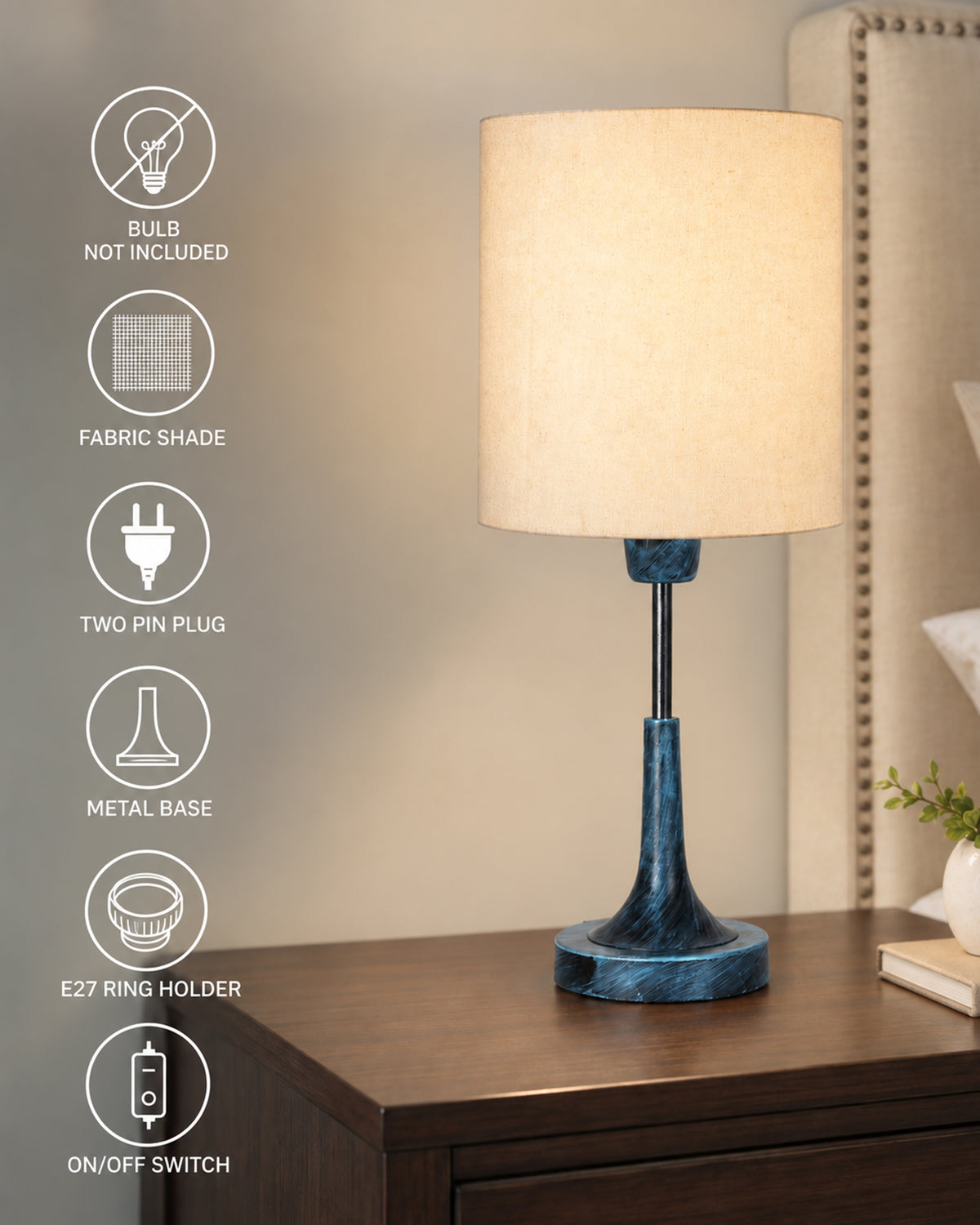 Rustic Farmhouse Metal Table Lamp Fabric Shade for Bedroom Living Room House Home Bedside Nightstand Office Family, Antique Blue Trumpet Bell, Jute Cone