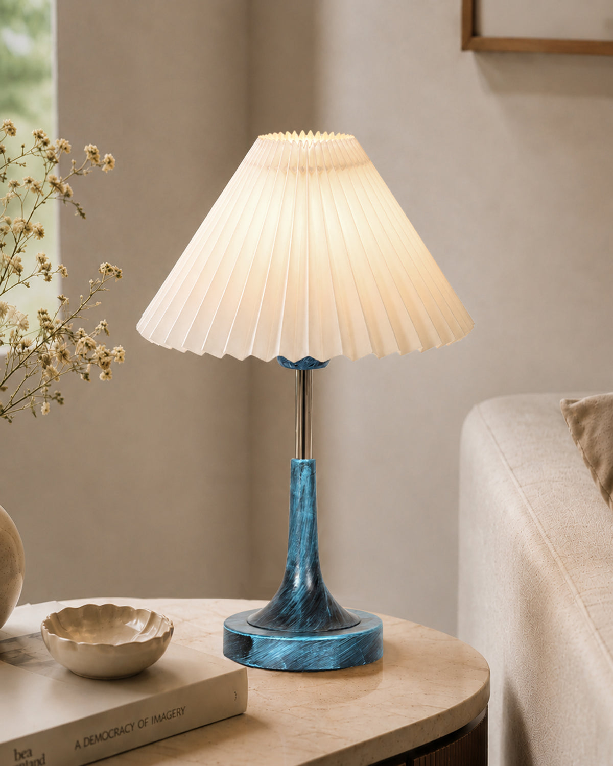 Rustic Farmhouse Metal Table Lamp Fabric Shade for Bedroom Living Room House Home Bedside Nightstand Office Family, Antique Blue Trumpet Bell, Jute Cone