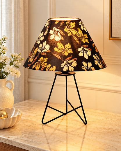 Retro Matt Black Down to the Wire Metal Table Lamp with Fabric Shade, Bedside Lamp Gift Housewarming Home Living Room, Iris Cone Shade