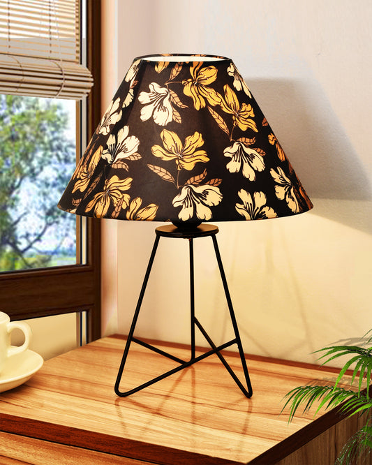 Retro Matt Black Down to the Wire Metal Table Lamp with Fabric Shade, Bedside Lamp Gift Housewarming Home Living Room, Iris Cone Shade