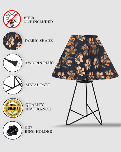 Retro Matt Black Down to the Wire Metal Table Lamp with Fabric Shade, Bedside Lamp Gift Housewarming Home Living Room, Iris Cone Shade