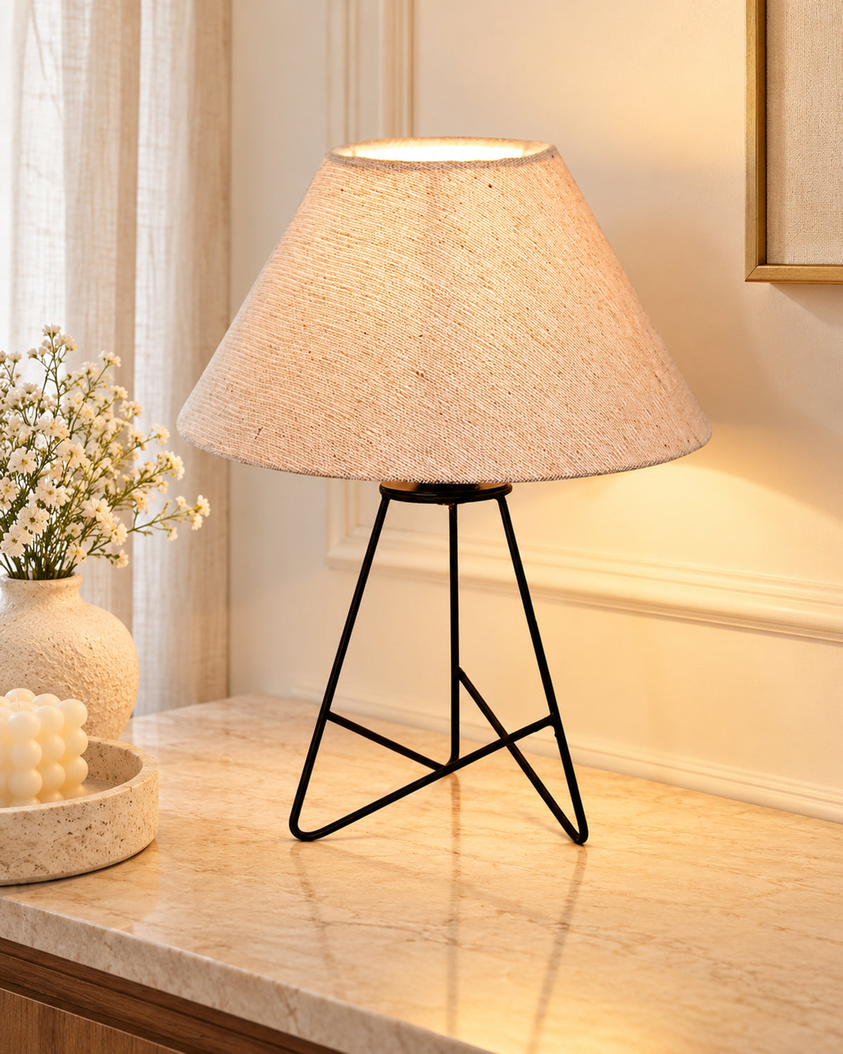 Retro Matt Black Down to the Wire Metal Table Lamp with Fabric Shade, Bedside Lamp Gift Housewarming Home Living Room, Iris Cone Shade