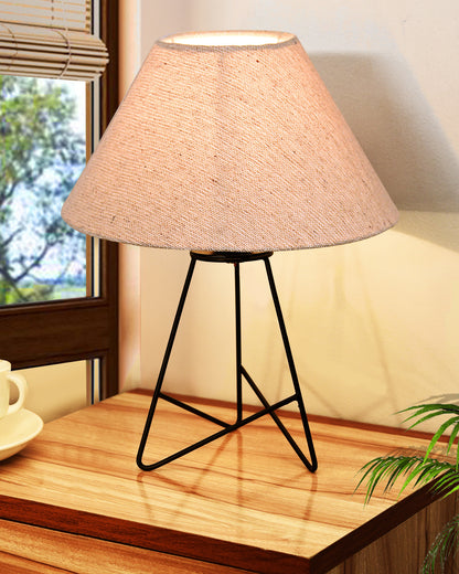 Retro Matt Black Down to the Wire Metal Table Lamp with Fabric Shade, Bedside Lamp Gift Housewarming Home Living Room, Iris Cone Shade