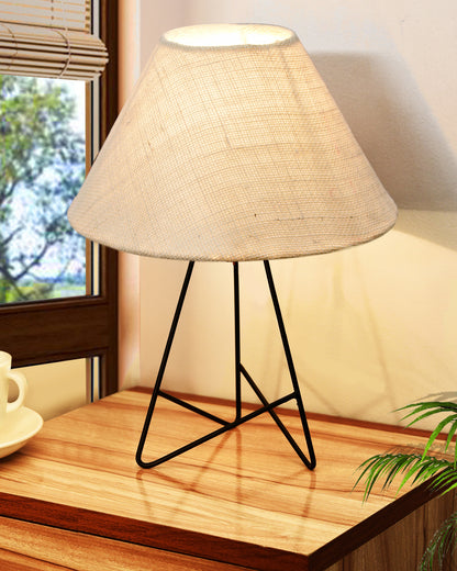 Retro Matt Black Down to the Wire Metal Table Lamp with Fabric Shade, Bedside Lamp Gift Housewarming Home Living Room, Iris Cone Shade