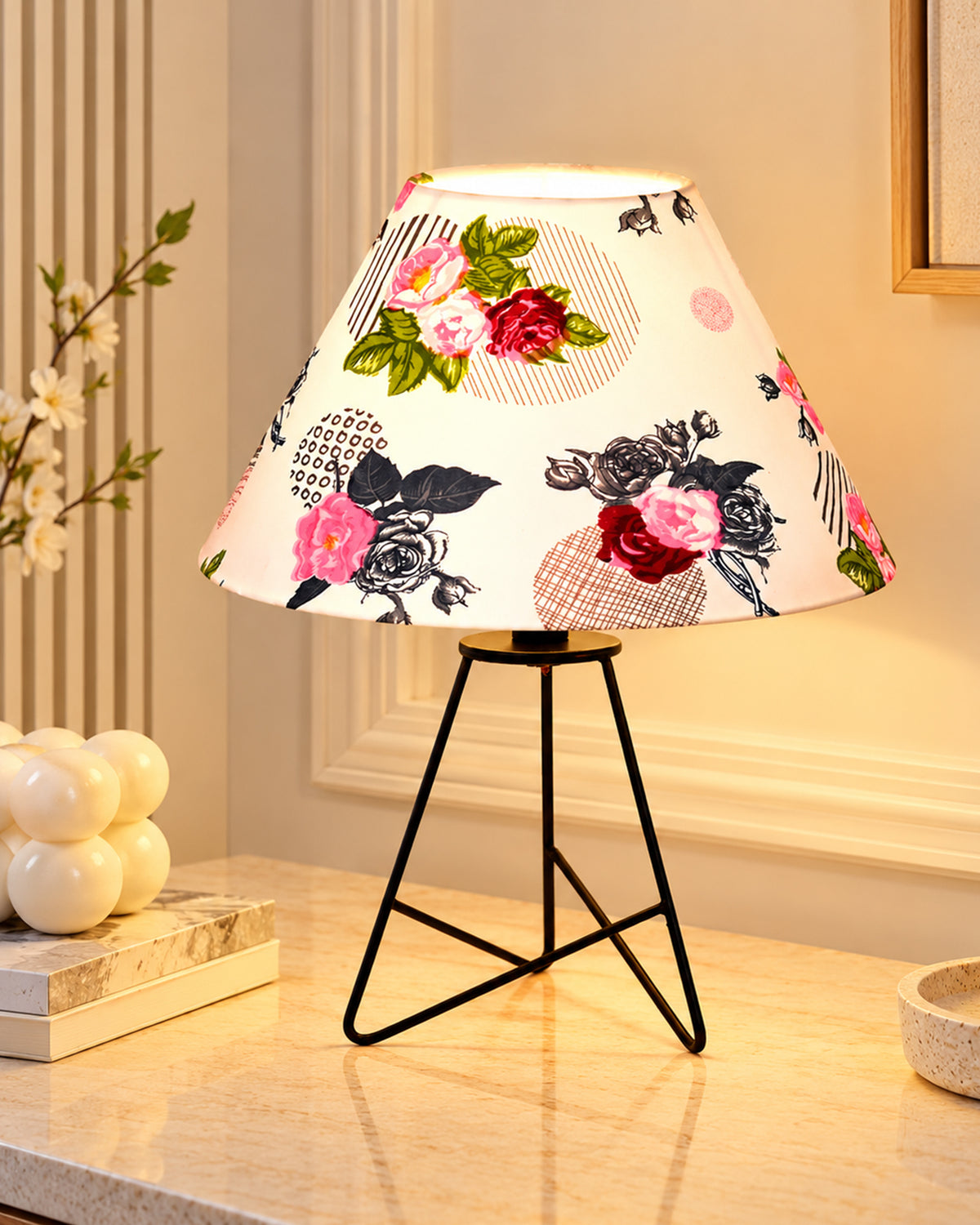 Retro Matt Black Down to the Wire Metal Table Lamp with Fabric Shade, Bedside Lamp Gift Housewarming Home Living Room, Iris Cone Shade