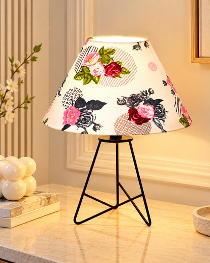 Retro Matt Black Down to the Wire Metal Table Lamp with Fabric Shade, Bedside Lamp Gift Housewarming Home Living Room, Iris Cone Shade