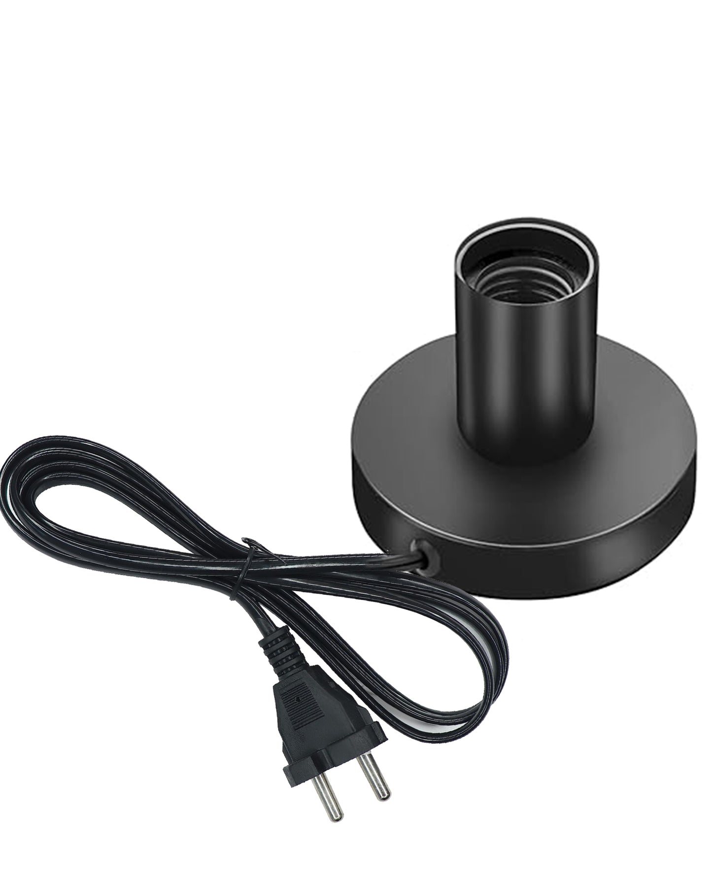 Polished Metal Desktop Lamp Base E27 Screw Light Bulb Holder Base Sockets Base Night Light Bulb Base Lamp Replacement Base for Holding Bulb,1.7 Meter Cord on Off Switch Plug (Black,1 Piece)