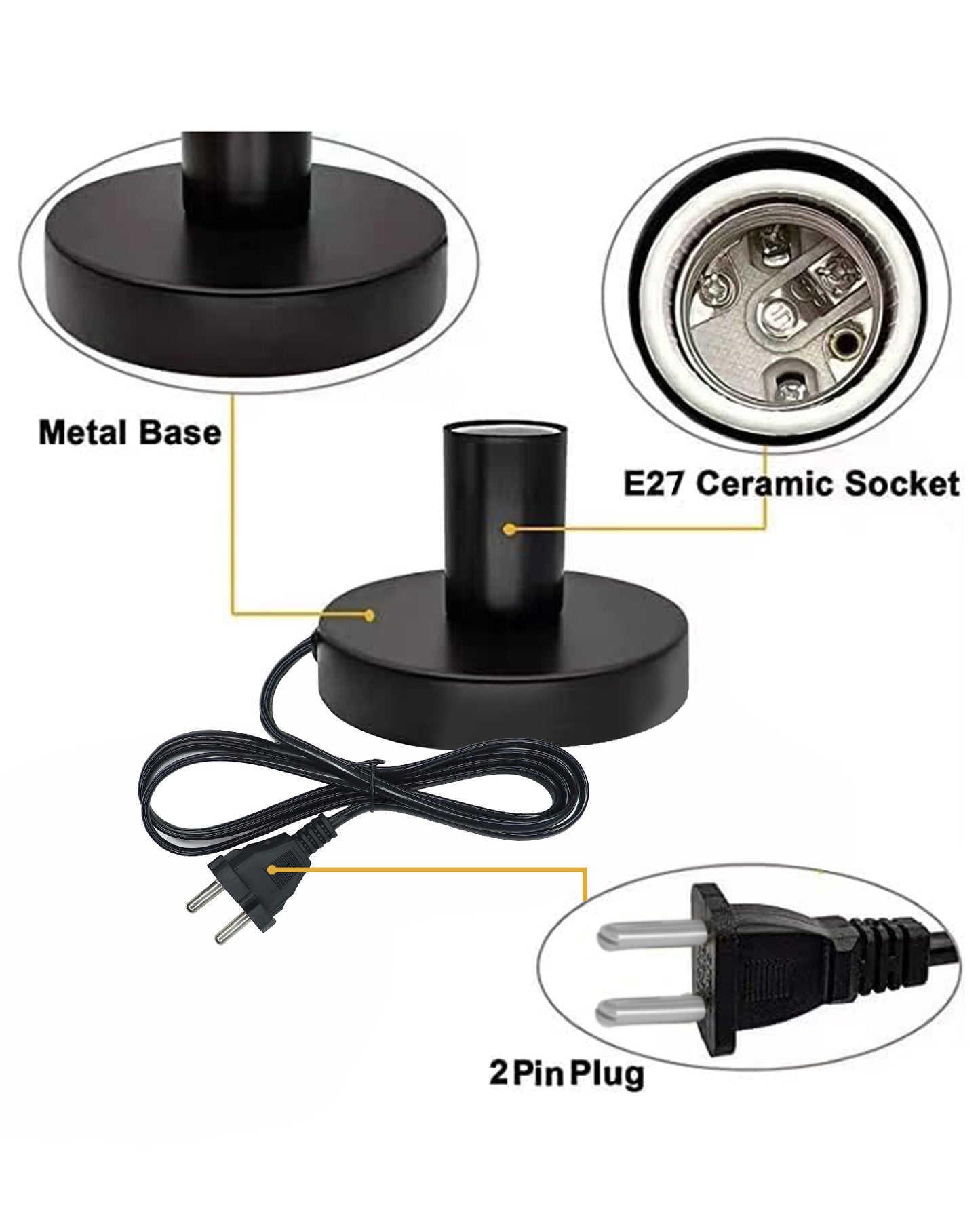 Polished Metal Desktop Lamp Base E27 Screw Light Bulb Holder Base Sockets Base Night Light Bulb Base Lamp Replacement Base for Holding Bulb,1.7 Meter Cord on Off Switch Plug (Black,1 Piece)