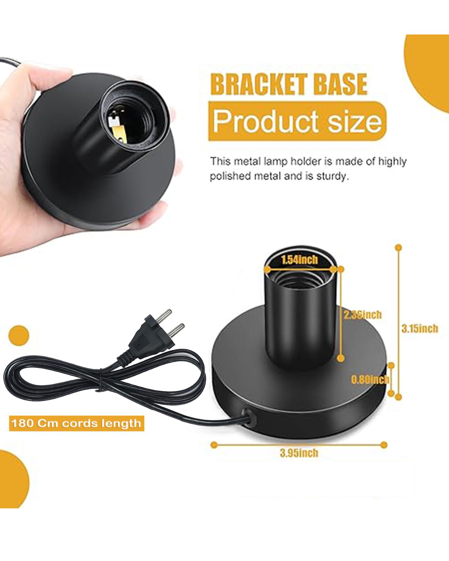 Polished Metal Desktop Lamp Base E27 Screw Light Bulb Holder Base Sockets Base Night Light Bulb Base Lamp Replacement Base for Holding Bulb,1.7 Meter Cord on Off Switch Plug (Black,1 Piece)