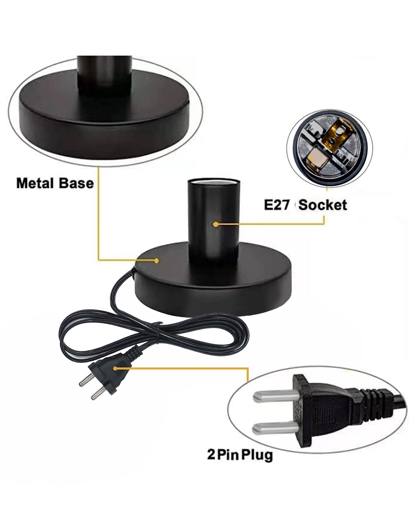 Polished Metal Desktop Lamp Base E27 Screw Light Bulb Holder Base Sockets Base Night Light Bulb Base Lamp Replacement Base for Holding Bulb,1.7 Meter Cord on Off Switch Plug (Black,1 Piece)