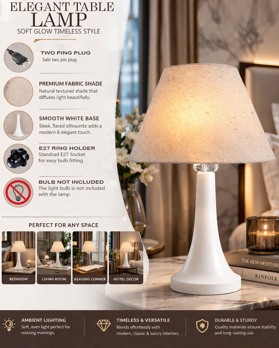 Farmhouse Matt Table Lamp for Bedroom, White Modern Bedside Lamps for Living Room, Rustic Table Light for Night Stands, Dorm, Office, Home Décor Fabric Shade, E27 holder, Cone, Iris Cone
