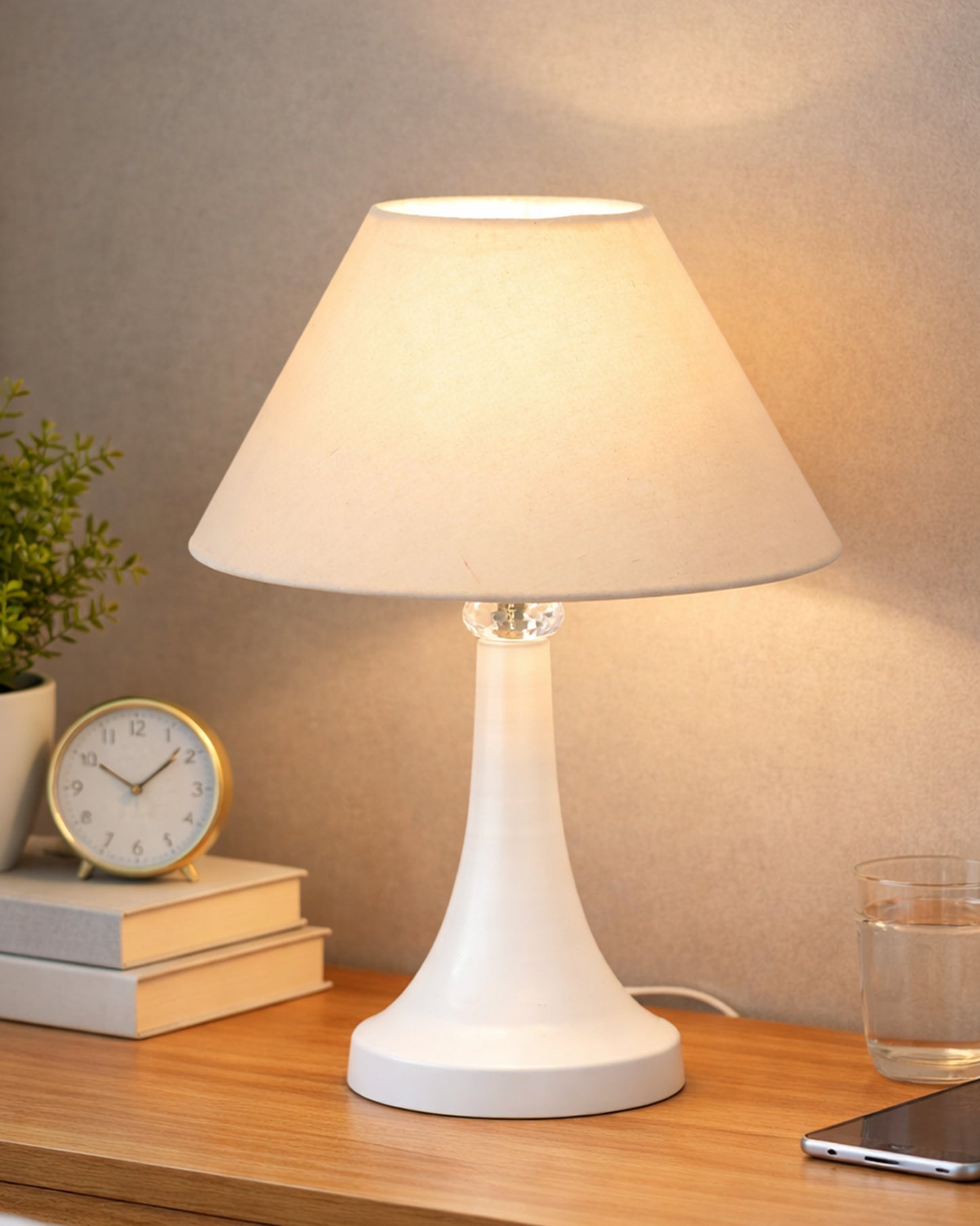 Farmhouse Matt Table Lamp for Bedroom, White Modern Bedside Lamps for Living Room, Rustic Table Light for Night Stands, Dorm, Office, Home Décor Fabric Shade, E27 holder, Cone, Iris Cone