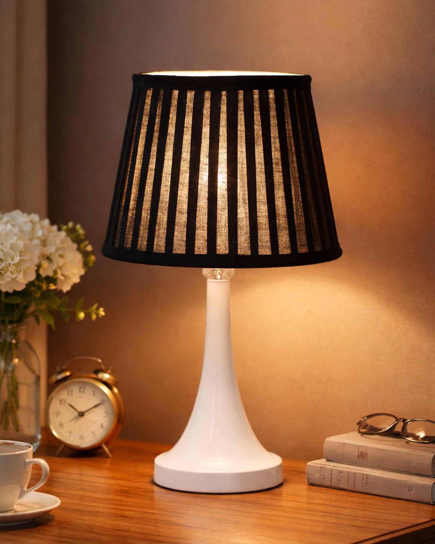 Farmhouse Matt Table Lamp for Bedroom, White Modern Bedside Lamps for Living Room, Rustic Table Light for Night Stands, Dorm, Office, Home Décor Fabric Shade, E27 holder, Cone, Iris Cone