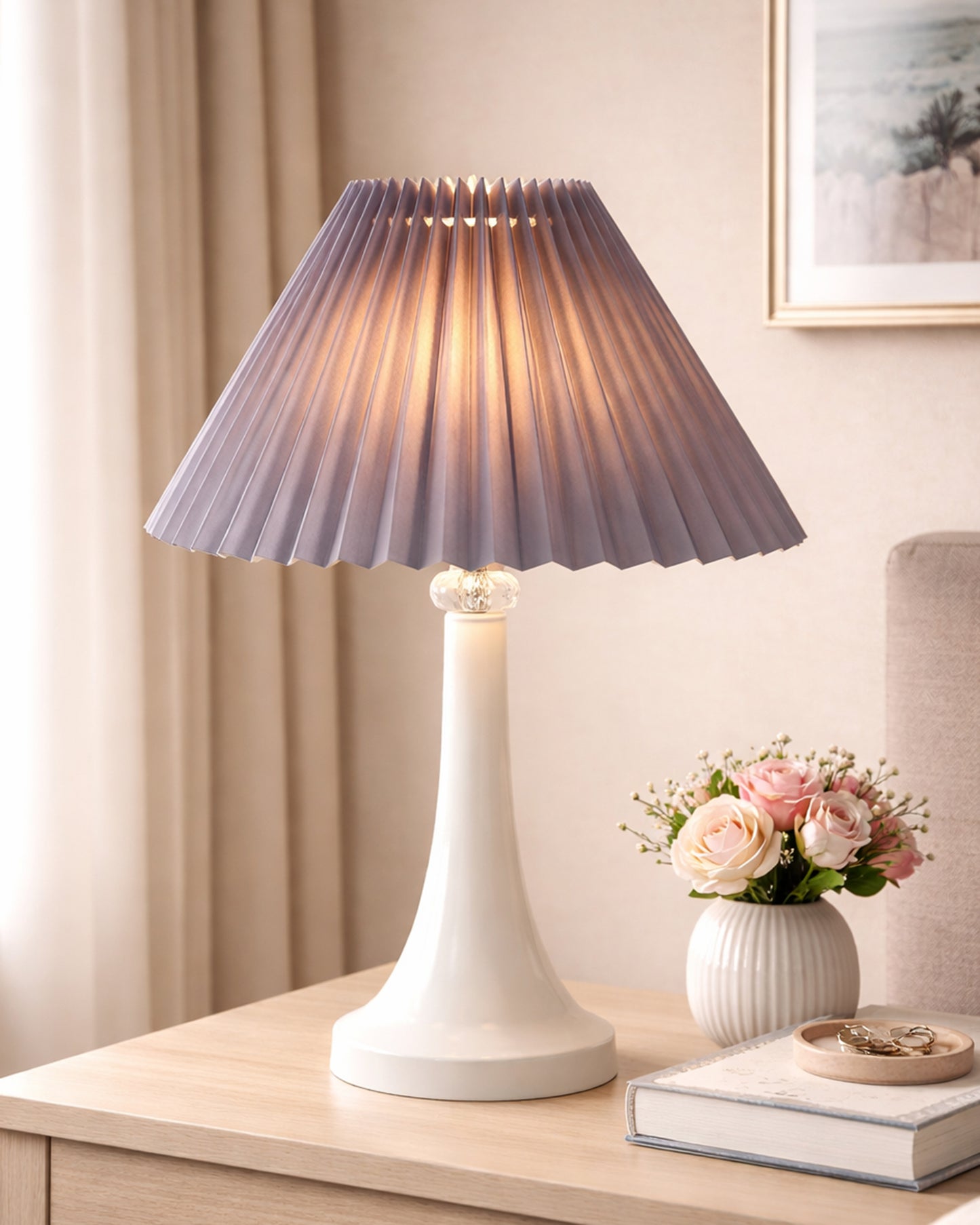 Farmhouse Matt Table Lamp for Bedroom, White Modern Bedside Lamps for Living Room, Rustic Table Light for Night Stands, Dorm, Office, Home Décor Fabric Shade, E27 holder, Cone, Iris Cone