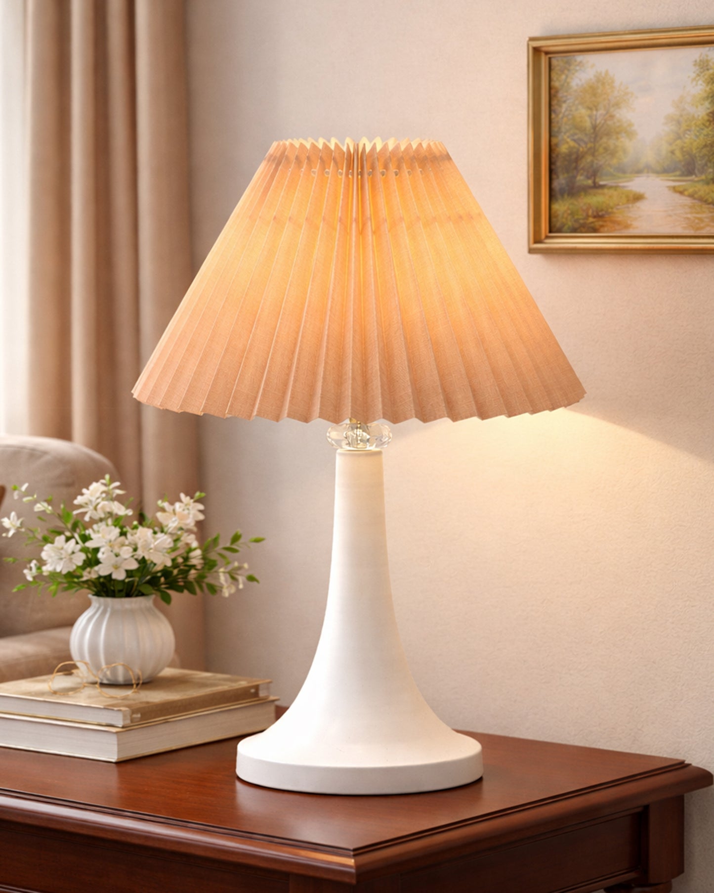 Farmhouse Matt Table Lamp for Bedroom, White Modern Bedside Lamps for Living Room, Rustic Table Light for Night Stands, Dorm, Office, Home Décor Fabric Shade, E27 holder, Cone, Iris Cone
