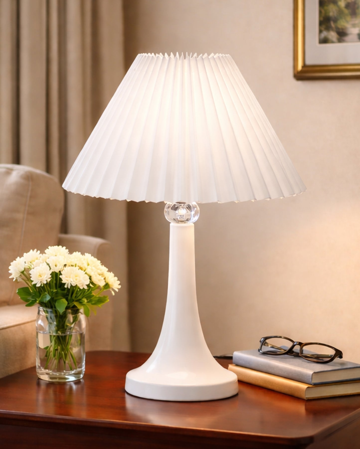 Farmhouse Matt Table Lamp for Bedroom, White Modern Bedside Lamps for Living Room, Rustic Table Light for Night Stands, Dorm, Office, Home Décor Fabric Shade, E27 holder, Cone, Iris Cone