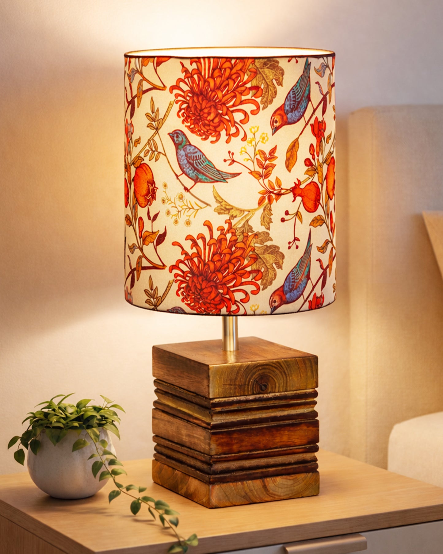 Modern Zen Wooden Lampshade Nightstand Lamps, Antique Base E27 Creative Reading Bedside Lamps Ideal for Bedroom, Cube, Bird Cylinder