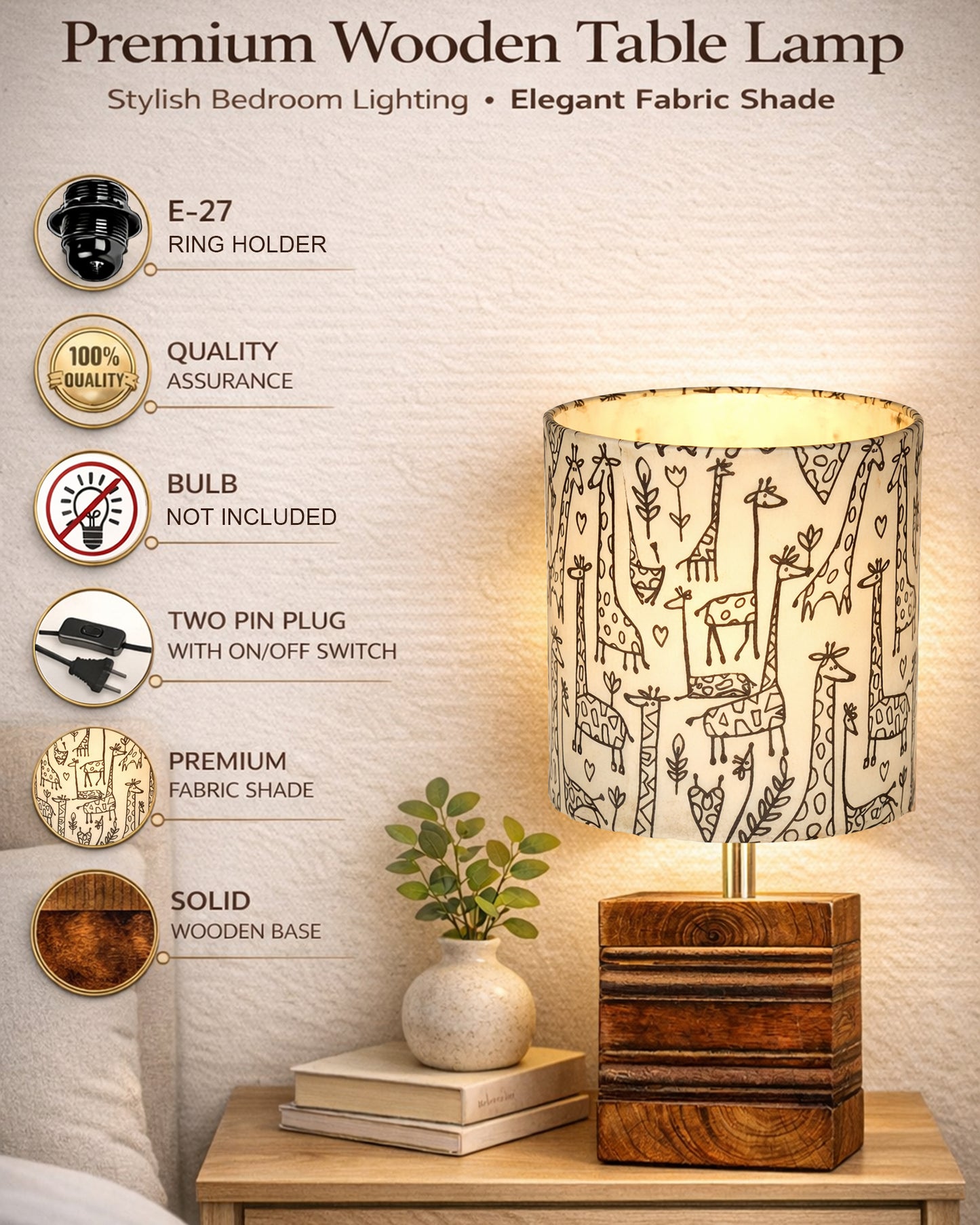 Modern Zen Wooden Lampshade Nightstand Lamps, Antique Base E27 Creative Reading Bedside Lamps Ideal for Bedroom, Cube, Bird Cylinder