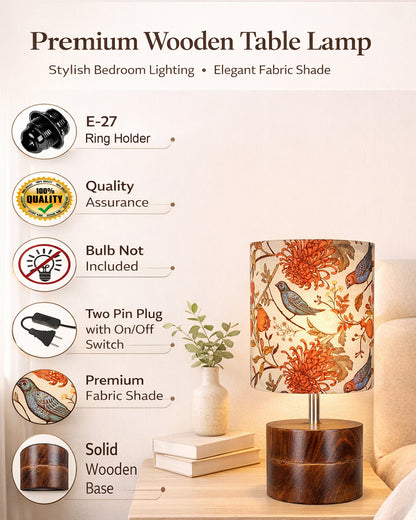 Modern Zen Wooden Lampshade Nightstand Lamps, Antique Base E27 Creative Reading Bedside Lamps Ideal for Bedroom, Rustic Cylinder, Bird Cylinder