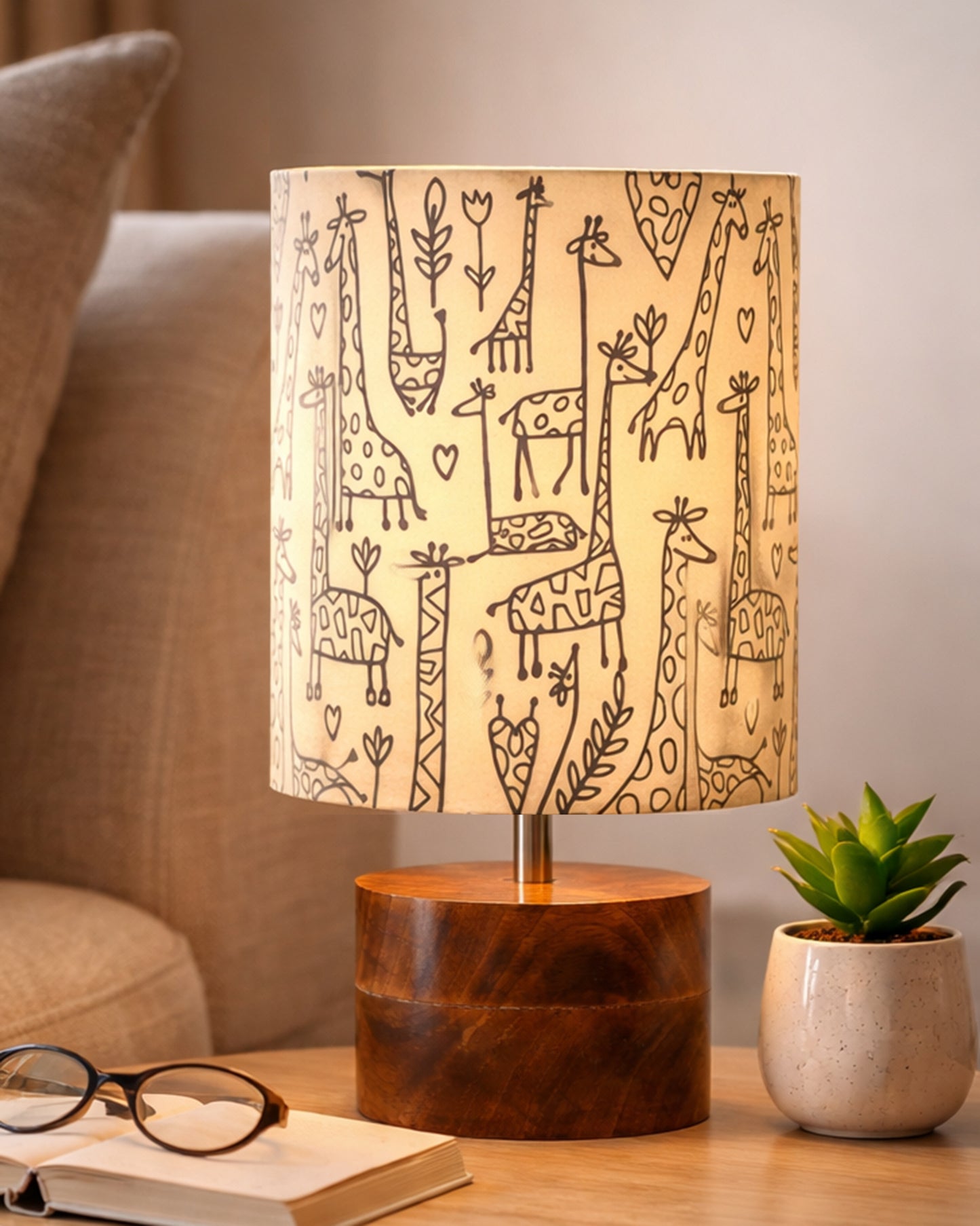 Modern Zen Wooden Lampshade Nightstand Lamps, Antique Base E27 Creative Reading Bedside Lamps Ideal for Bedroom, Rustic Cylinder, Bird Cylinder