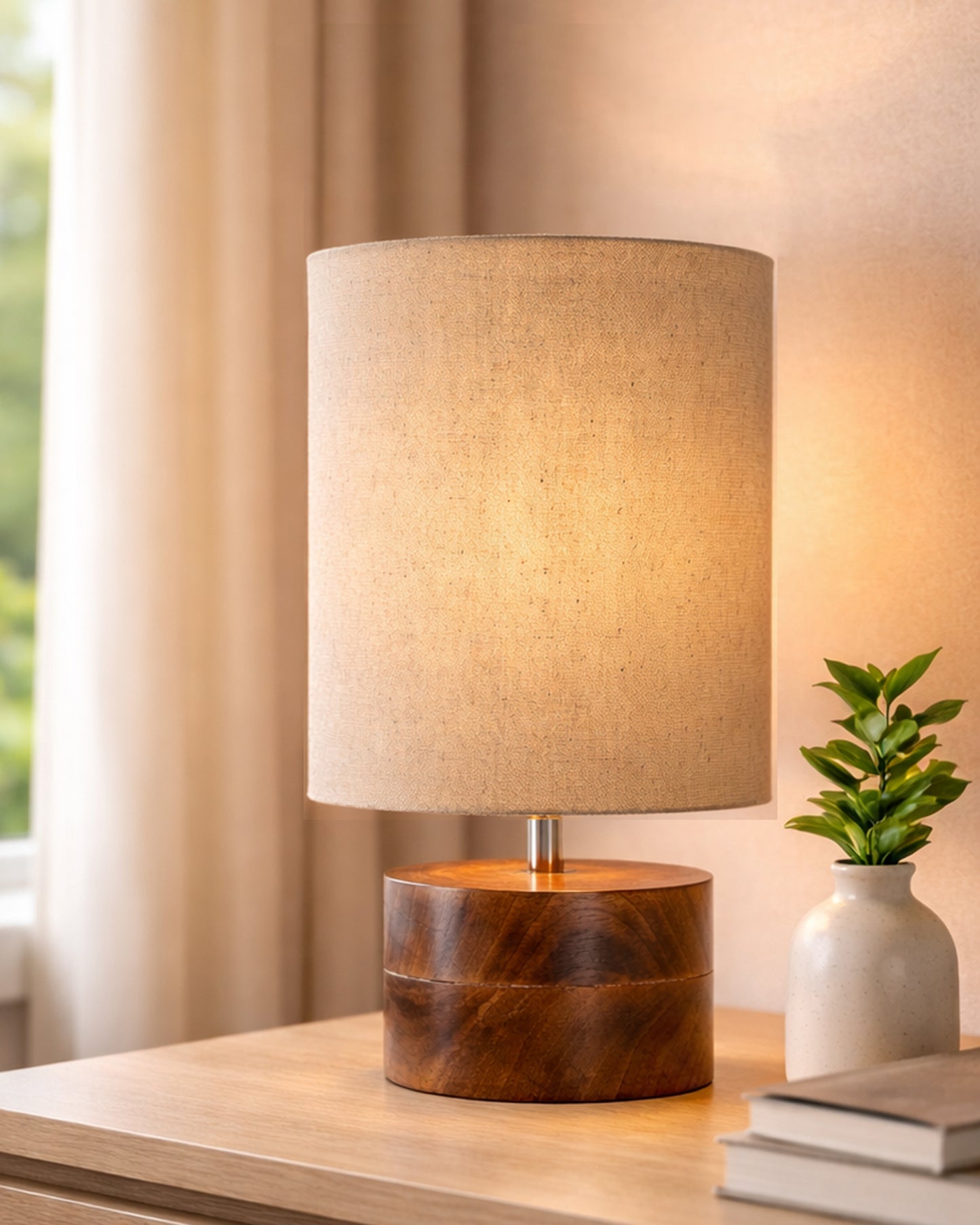 Modern Zen Wooden Lampshade Nightstand Lamps, Antique Base E27 Creative Reading Bedside Lamps Ideal for Bedroom, Rustic Cylinder, Bird Cylinder