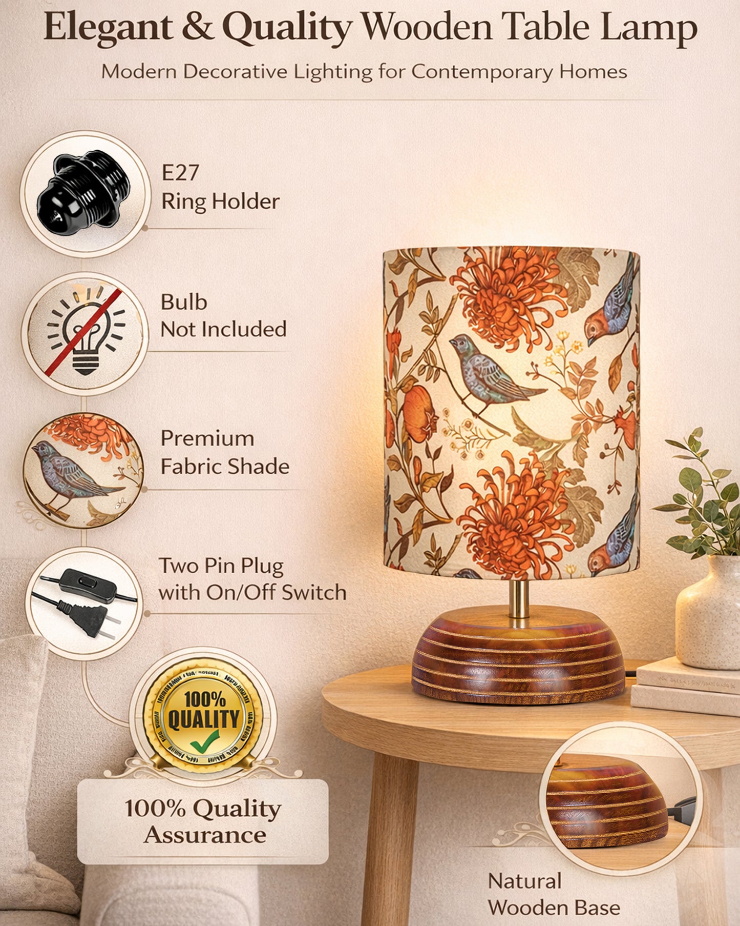 Modern Zen Wooden Lampshade Nightstand Lamps, Antique Base E27 Creative Reading Bedside Lamps Ideal for Bedroom, Pebble, Bird Cylinder