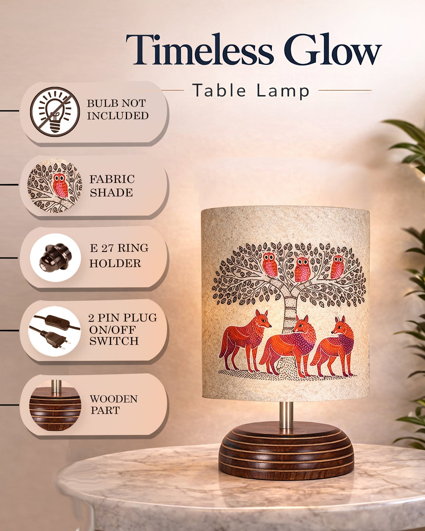 Modern Zen Wooden Lampshade Nightstand Lamps, Table Lamp for Home, Antique Base E27 Creative Reading Bedside Lamps Ideal for Bedroom, Pebble, Art of India Shade