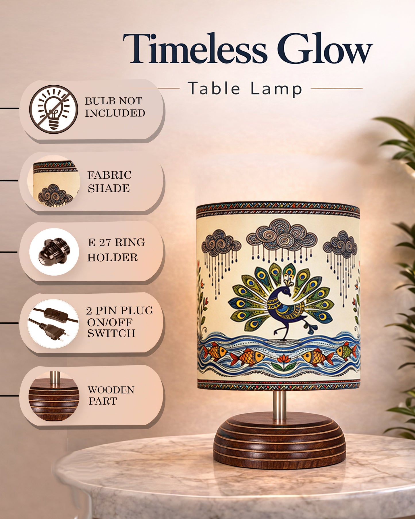 Modern Zen Wooden Lampshade Nightstand Lamps, Table Lamp for Home, Antique Base E27 Creative Reading Bedside Lamps Ideal for Bedroom, Pebble, Art of India Shade