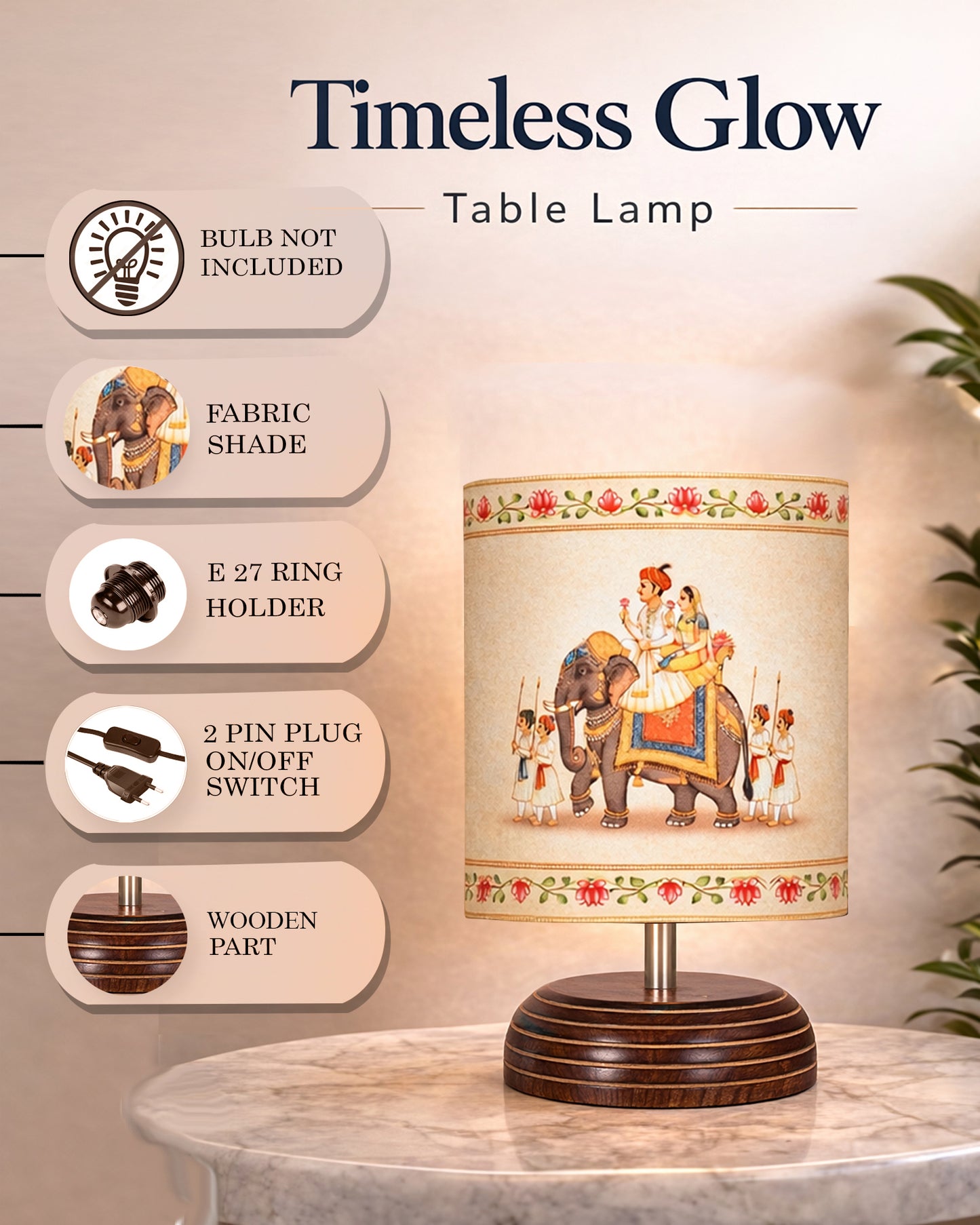Modern Zen Wooden Lampshade Nightstand Lamps, Table Lamp for Home, Antique Base E27 Creative Reading Bedside Lamps Ideal for Bedroom, Pebble, Art of India Shade