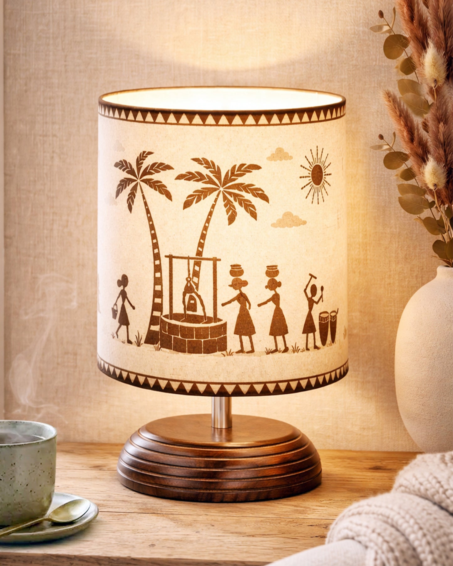 Modern Zen Wooden Lampshade Nightstand Lamps, Table Lamp for Home, Antique Base E27 Creative Reading Bedside Lamps Ideal for Bedroom, Pebble, Art of India Shade