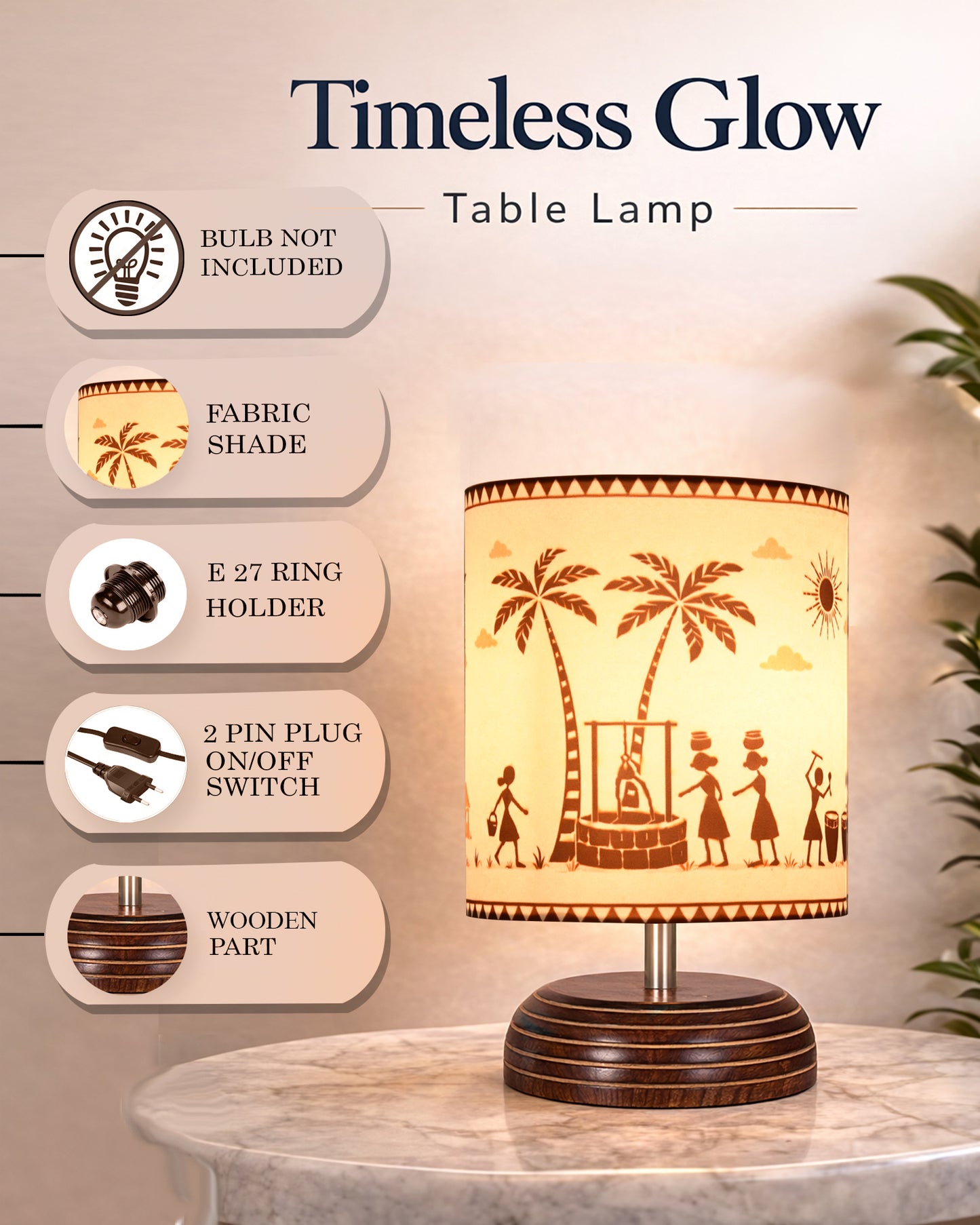 Modern Zen Wooden Lampshade Nightstand Lamps, Table Lamp for Home, Antique Base E27 Creative Reading Bedside Lamps Ideal for Bedroom, Pebble, Art of India Shade