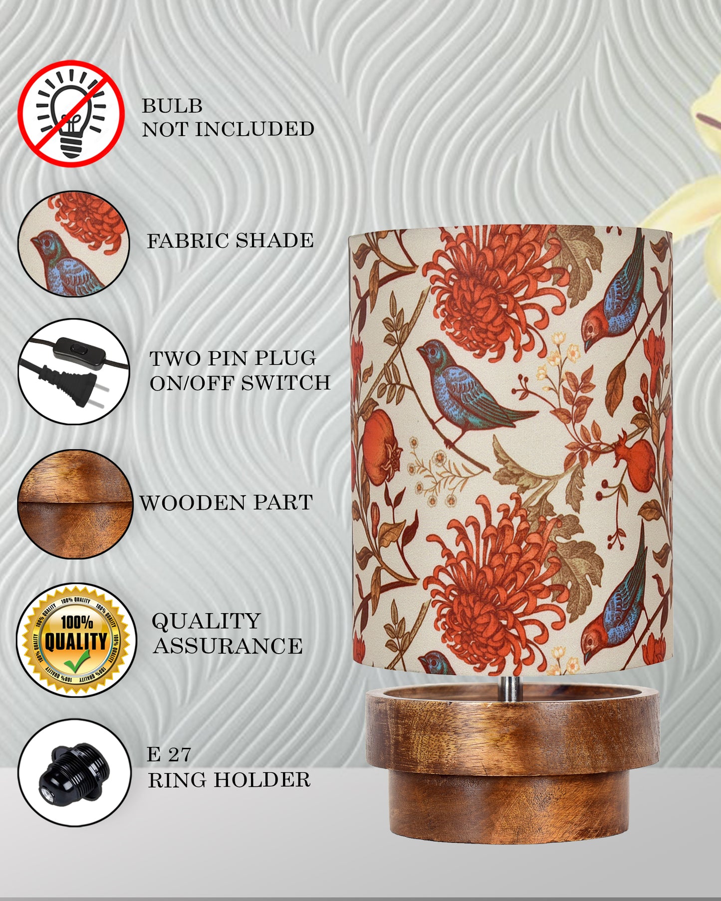 Modern Zen Wooden Lampshade Nightstand Lamps, Antique Base E27 Creative Reading Bedside Lamps Ideal for Bedroom, Concentric, Bird Cylinder