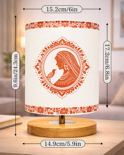 Pine Wooden Table Lamp for Bedroom, Indian Art Linen Cylinder Shade Bedside Lamp, Mini Desk Nightstand Lamp for Living Room Decoration, Home Décor & Gift, Warm Ambient Light