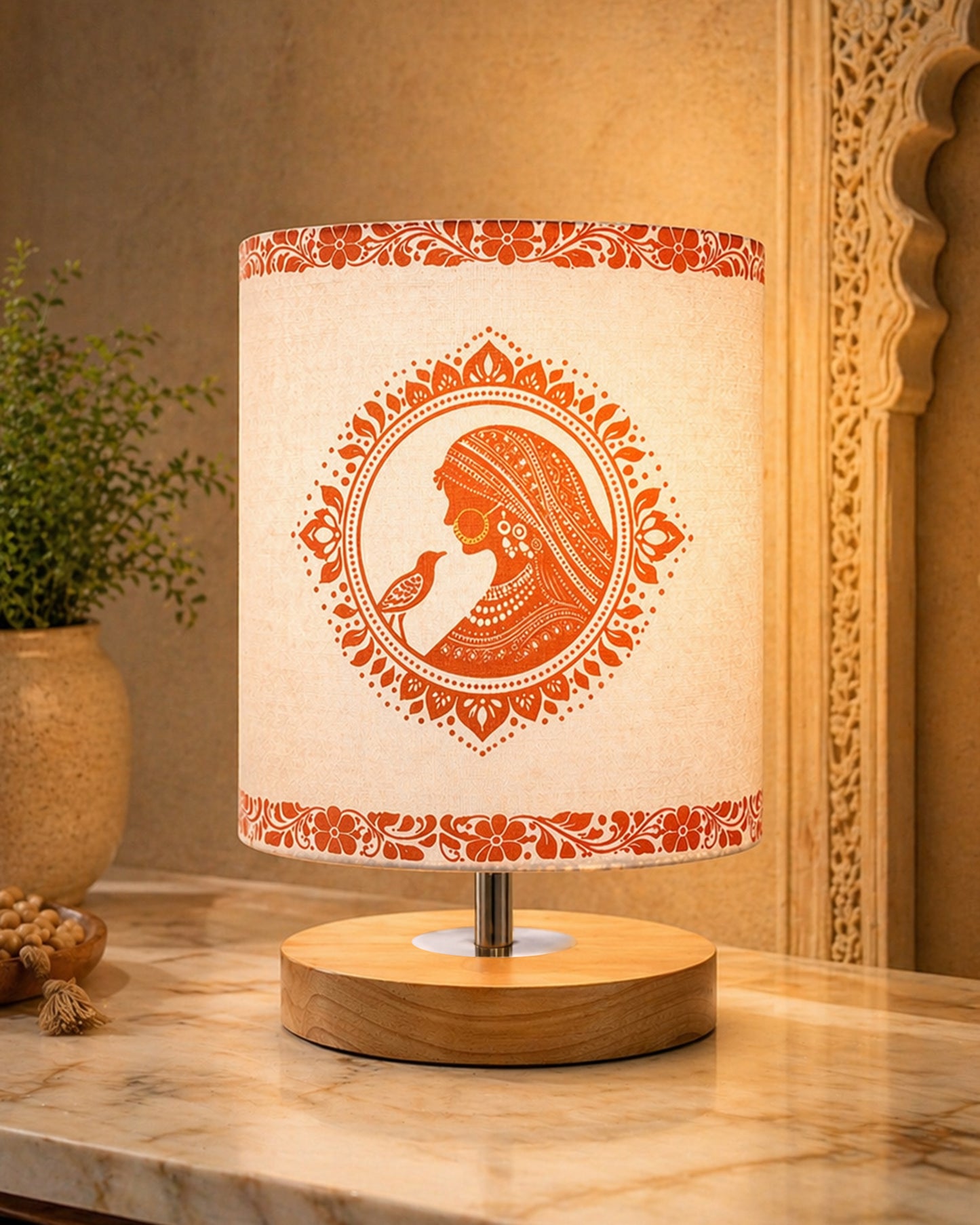 Pine Wooden Table Lamp for Bedroom, Indian Art Linen Cylinder Shade Bedside Lamp, Mini Desk Nightstand Lamp for Living Room Decoration, Home Décor & Gift, Warm Ambient Light