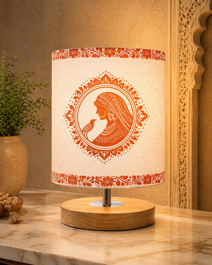 Pine Wooden Table Lamp for Bedroom, Indian Art Linen Cylinder Shade Bedside Lamp, Mini Desk Nightstand Lamp for Living Room Decoration, Home Décor & Gift, Warm Ambient Light