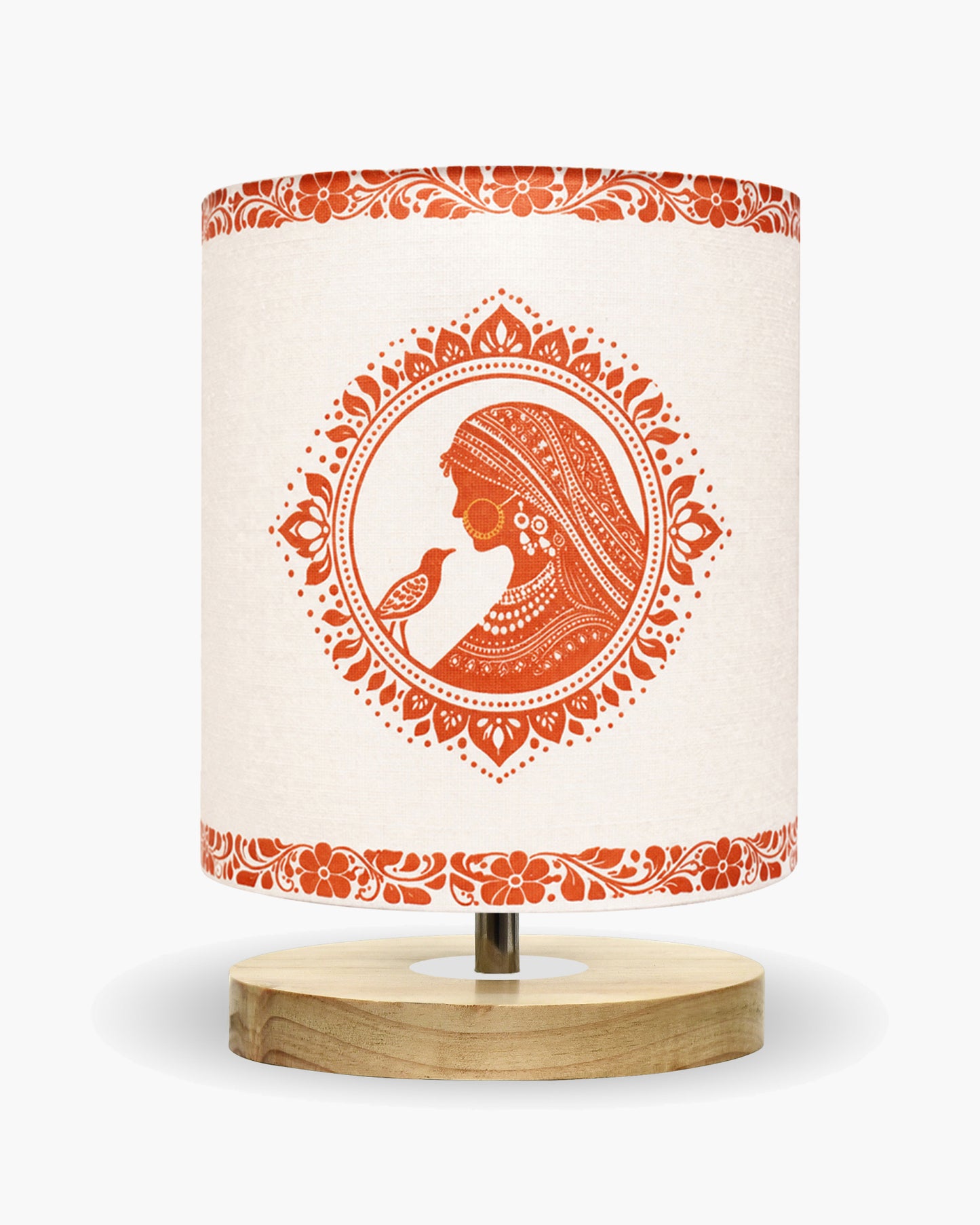 Pine Wooden Table Lamp for Bedroom, Indian Art Linen Cylinder Shade Bedside Lamp, Mini Desk Nightstand Lamp for Living Room Decoration, Home Décor & Gift, Warm Ambient Light
