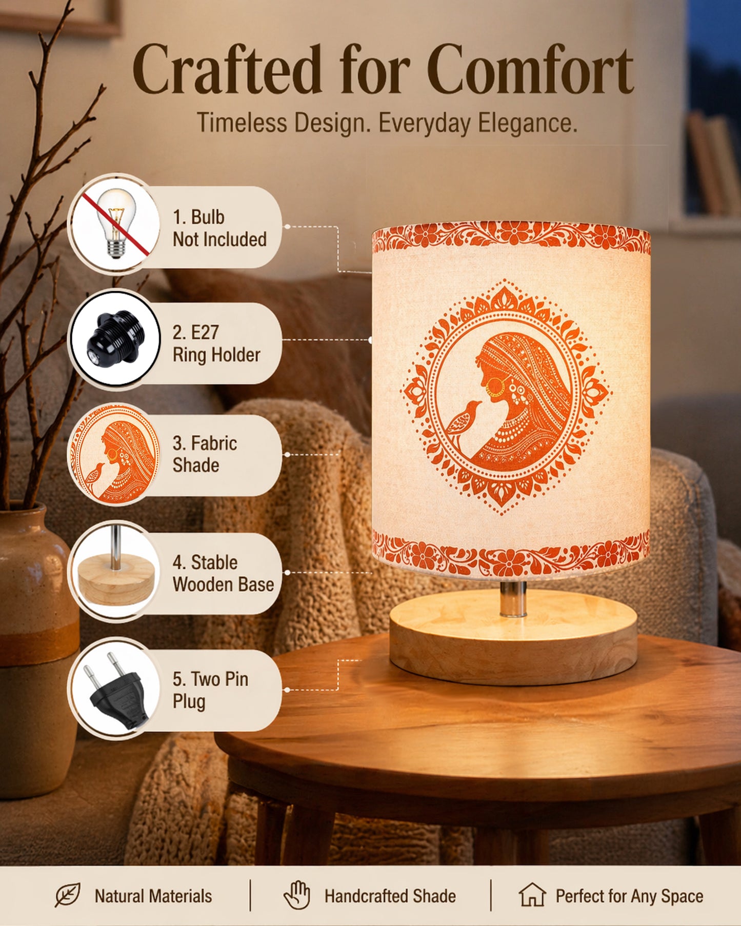 Pine Wooden Table Lamp for Bedroom, Indian Art Linen Cylinder Shade Bedside Lamp, Mini Desk Nightstand Lamp for Living Room Decoration, Home Décor & Gift, Warm Ambient Light