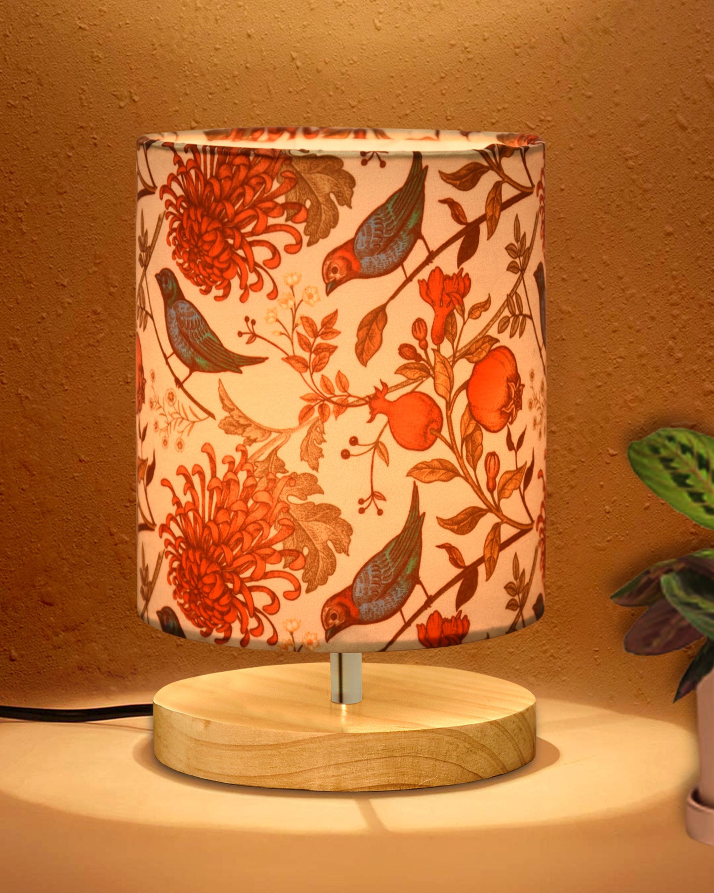 Pine Table Lamp-Wooden Bedside Lamp Simple Bedroom Light Linen Shade Mini Desk Lamp Nightstand Lamp for Bedroom,Living Room,Gift, Bird Cylinder