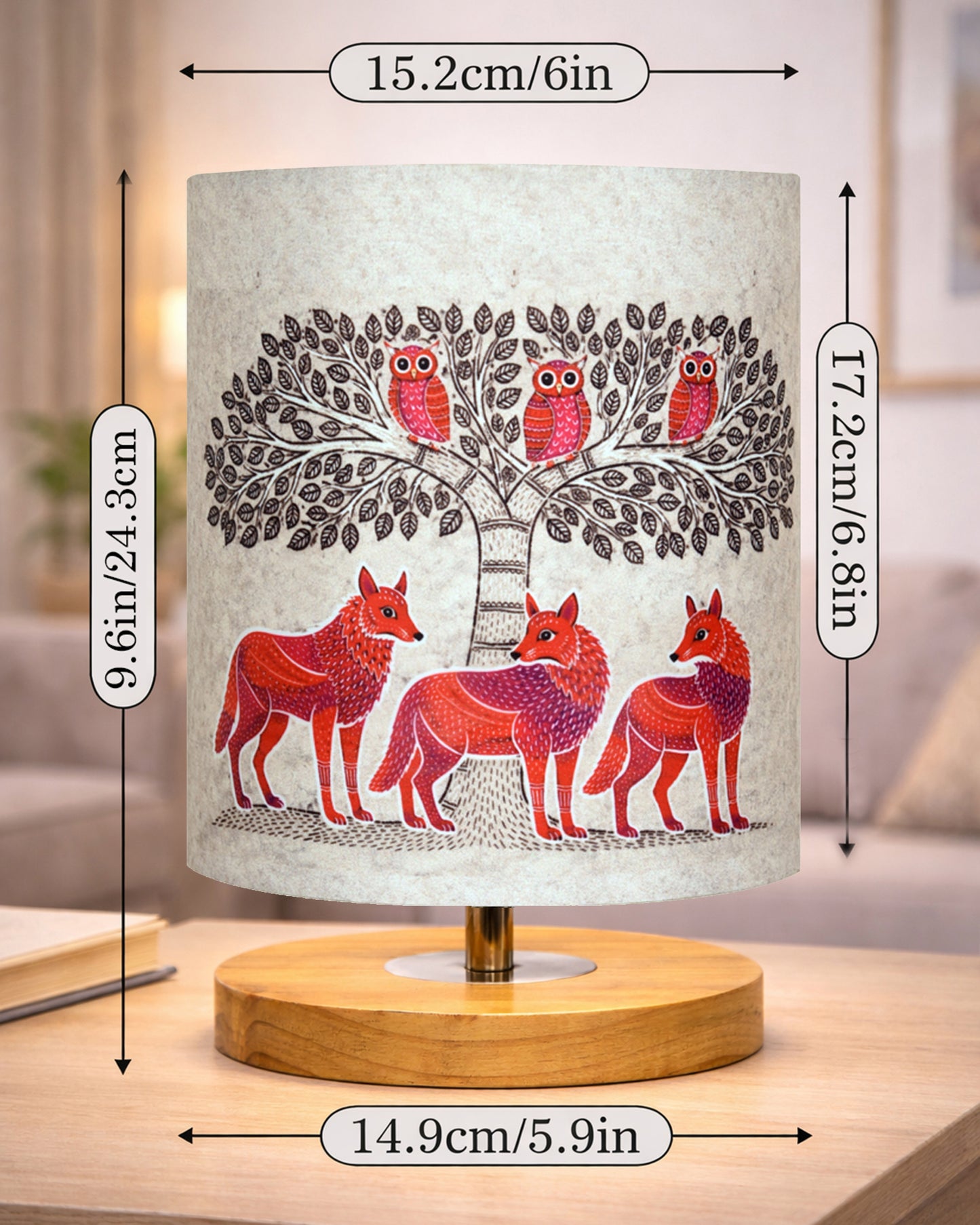 Pine Wooden Table Lamp for Bedroom, Indian Art Linen Cylinder Shade Bedside Lamp, Mini Desk Nightstand Lamp for Living Room Decoration, Home Décor & Gift, Warm Ambient Light