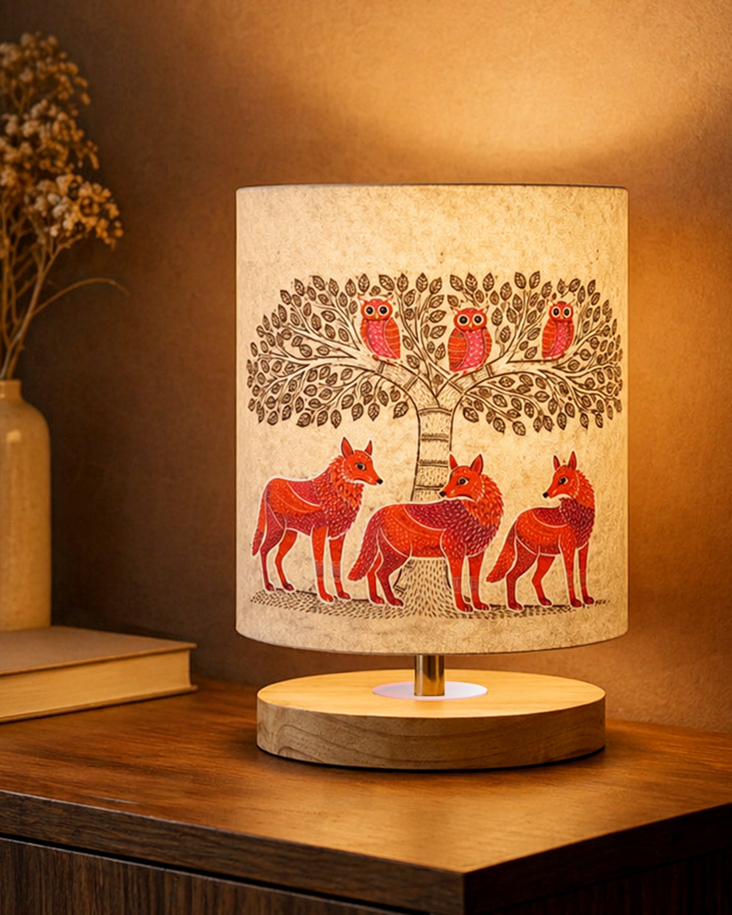 Pine Wooden Table Lamp for Bedroom, Indian Art Linen Cylinder Shade Bedside Lamp, Mini Desk Nightstand Lamp for Living Room Decoration, Home Décor & Gift, Warm Ambient Light