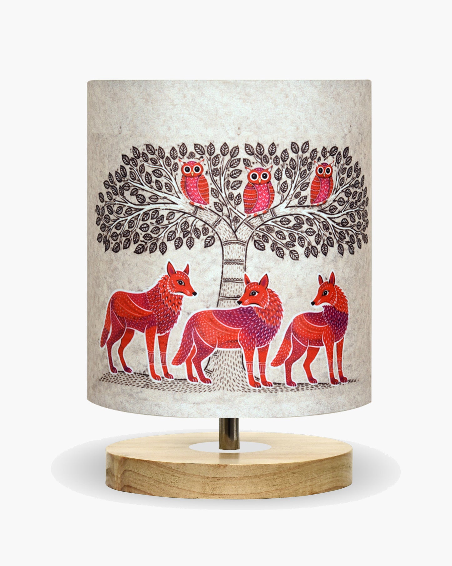 Pine Wooden Table Lamp for Bedroom, Indian Art Linen Cylinder Shade Bedside Lamp, Mini Desk Nightstand Lamp for Living Room Decoration, Home Décor & Gift, Warm Ambient Light