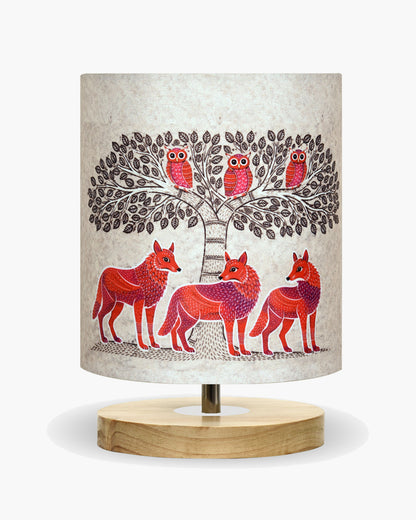 Pine Wooden Table Lamp for Bedroom, Indian Art Linen Cylinder Shade Bedside Lamp, Mini Desk Nightstand Lamp for Living Room Decoration, Home Décor & Gift, Warm Ambient Light