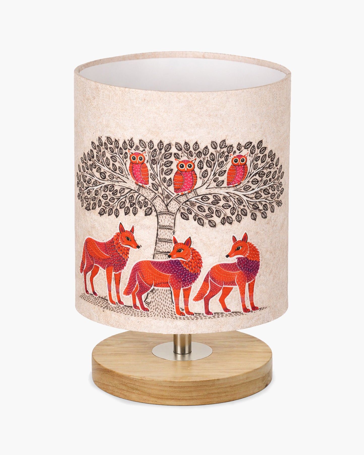 Pine Wooden Table Lamp for Bedroom, Indian Art Linen Cylinder Shade Bedside Lamp, Mini Desk Nightstand Lamp for Living Room Decoration, Home Décor & Gift, Warm Ambient Light