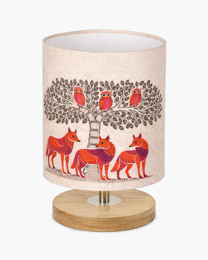 Pine Wooden Table Lamp for Bedroom, Indian Art Linen Cylinder Shade Bedside Lamp, Mini Desk Nightstand Lamp for Living Room Decoration, Home Décor & Gift, Warm Ambient Light