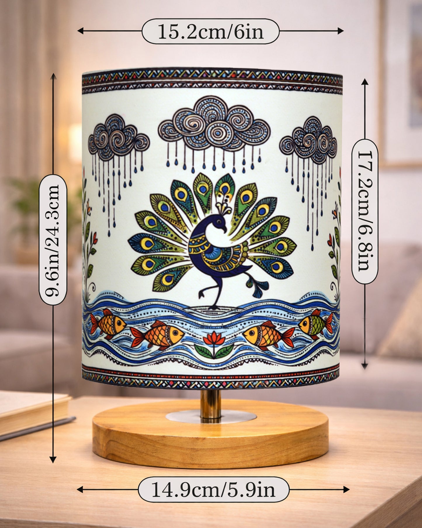 Pine Wooden Table Lamp for Bedroom, Indian Art Linen Cylinder Shade Bedside Lamp, Mini Desk Nightstand Lamp for Living Room Decoration, Home Décor & Gift, Warm Ambient Light