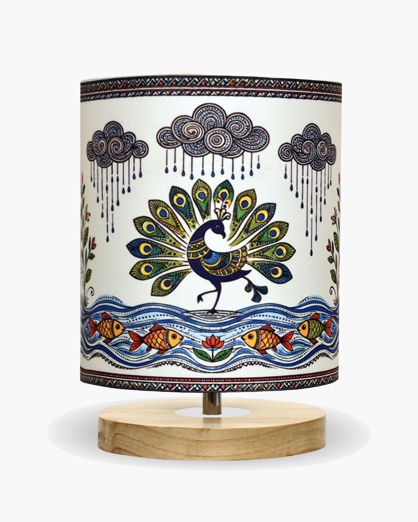 Pine Wooden Table Lamp for Bedroom, Indian Art Linen Cylinder Shade Bedside Lamp, Mini Desk Nightstand Lamp for Living Room Decoration, Home Décor & Gift, Warm Ambient Light