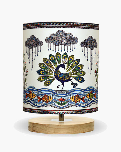 Pine Wooden Table Lamp for Bedroom, Indian Art Linen Cylinder Shade Bedside Lamp, Mini Desk Nightstand Lamp for Living Room Decoration, Home Décor & Gift, Warm Ambient Light