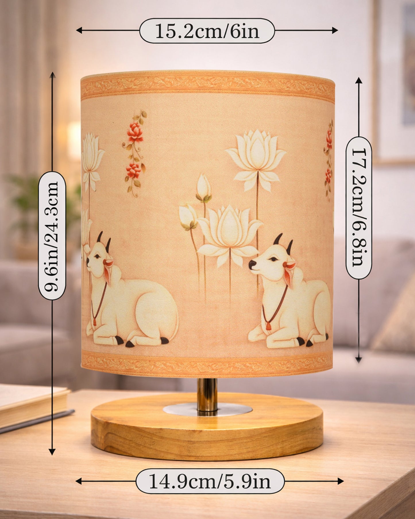 Pine Wooden Table Lamp for Bedroom, Indian Art Linen Cylinder Shade Bedside Lamp, Mini Desk Nightstand Lamp for Living Room Decoration, Home Décor & Gift, Warm Ambient Light